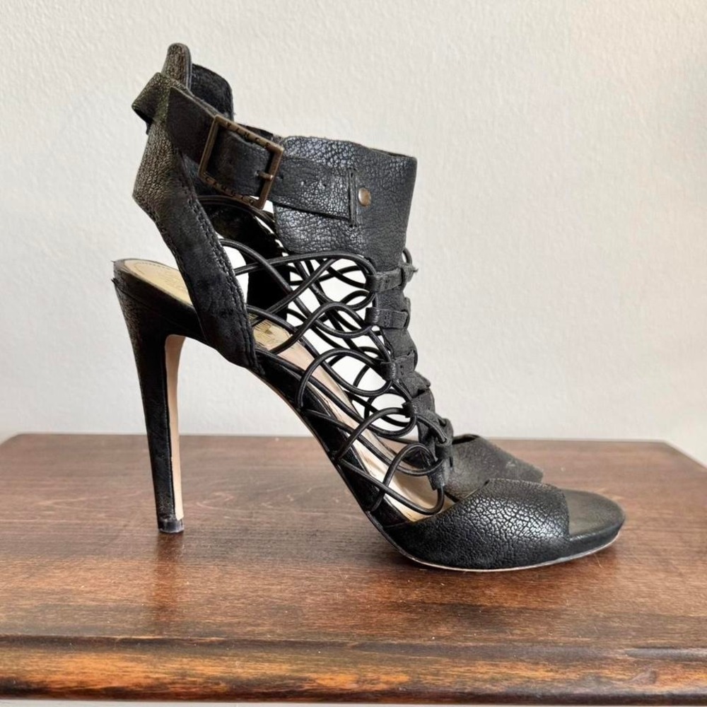 Black strappy cut out heel size 7.5 peeptoe corset‎ lace up gothic